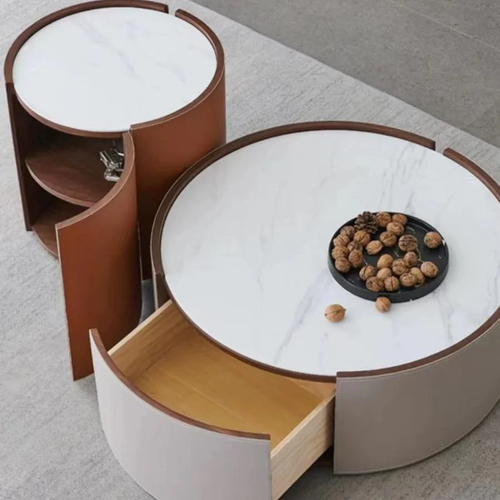 Modern multifunctional coffee table set with hidden storage, featuring a sleek marble top and wooden compartments