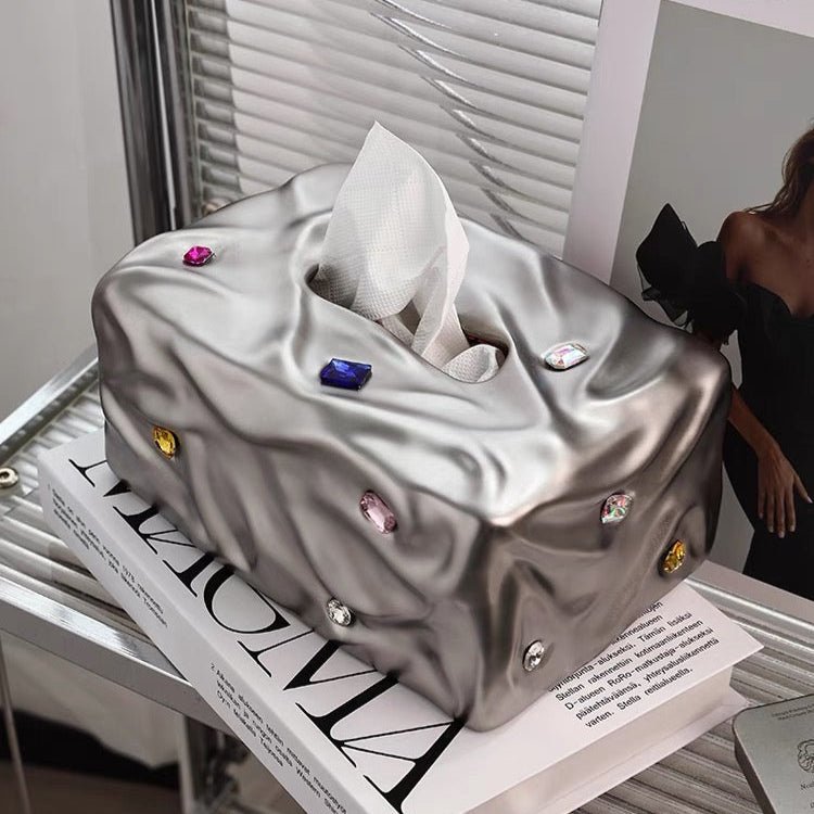 Coloured Stone Patch Silver Tissue Box - Artspire Home